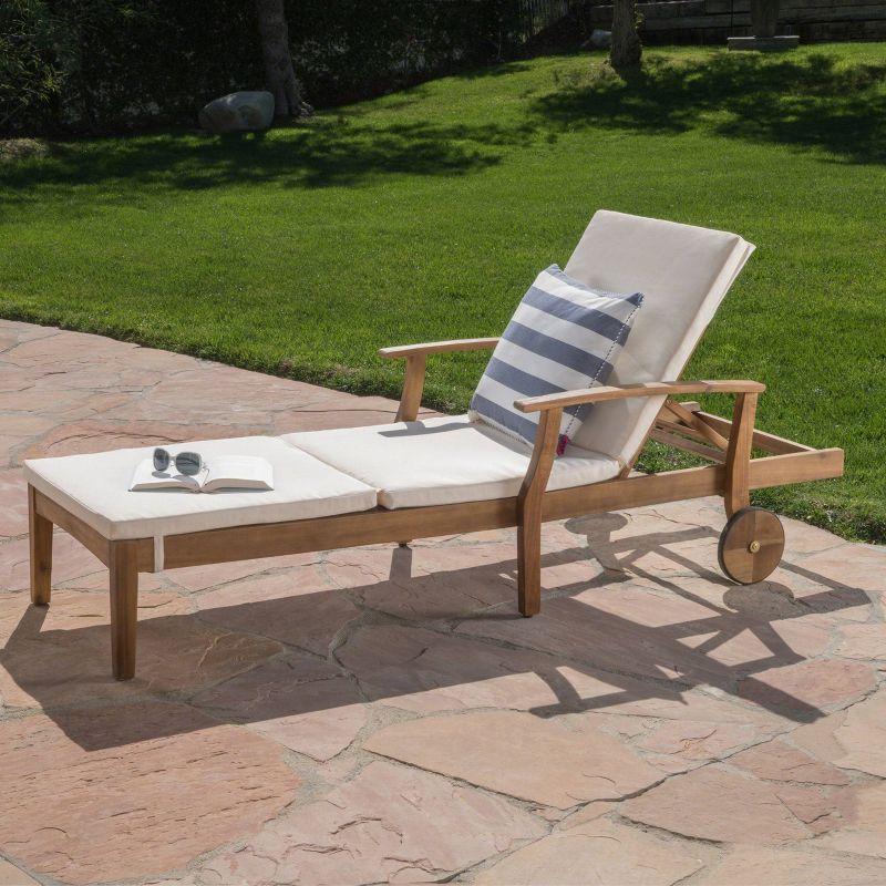 Perla Acacia Chaise Lounge - Teak/Cream - Christopher Knight Home: Patio Furniture with Wheels