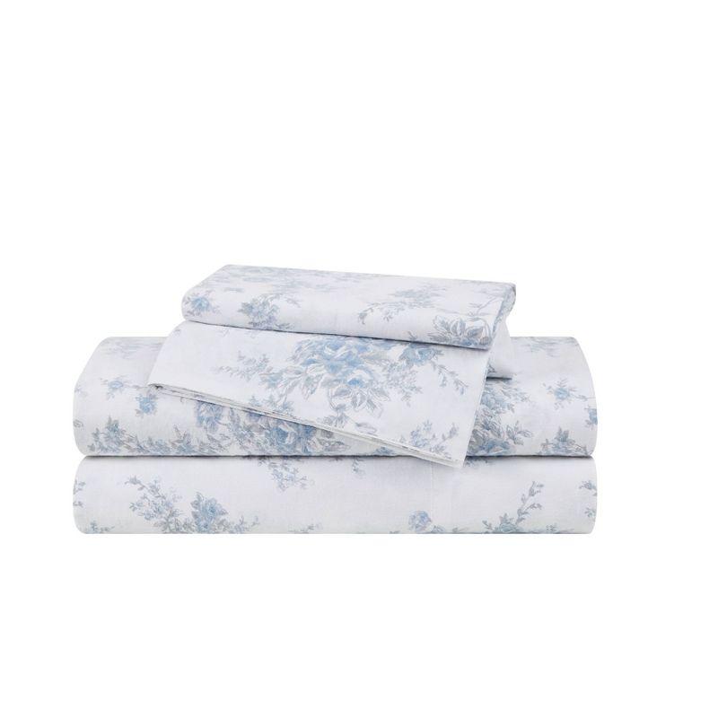 King White and Blue Cotton Floral Percale Sheet Set