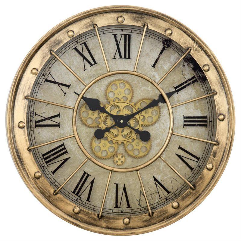 Gilded Gold Round Metal Gear Wall Clock with Roman Numerals