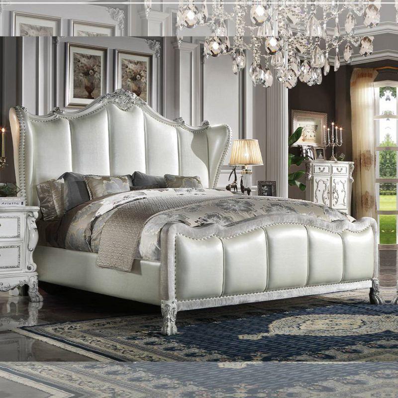 Acme Furniture 95" California King Bed Dresden Synthetic Leather & Bone White : Champagne PU, Claw Feet, Tufted Headboard