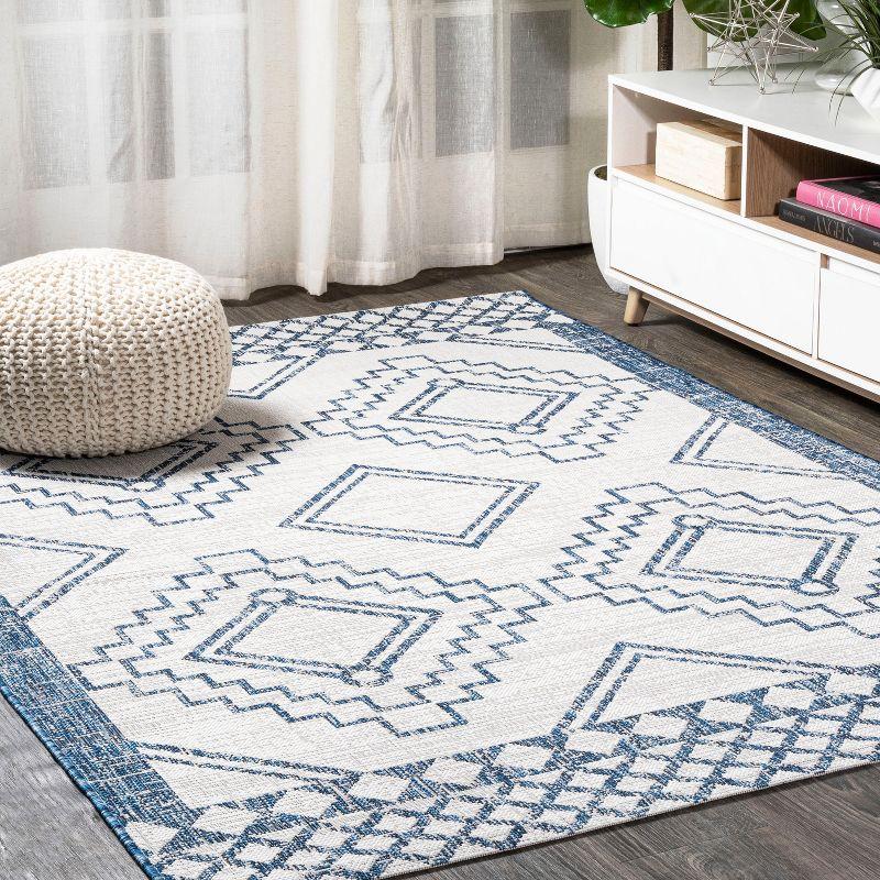 3'x5' Marokko Diamond  Medallion Indoor/Outdoor Area Rug, Ivory/Blue - JONATHAN Y