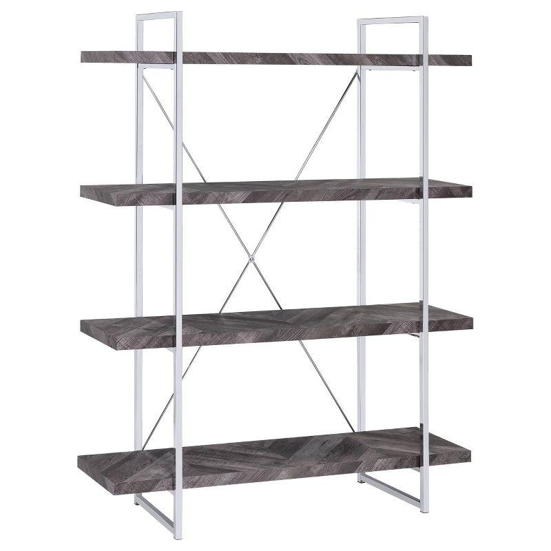 Grimma 47'' Rustic Gray Herringbone and Chrome Bookshelf