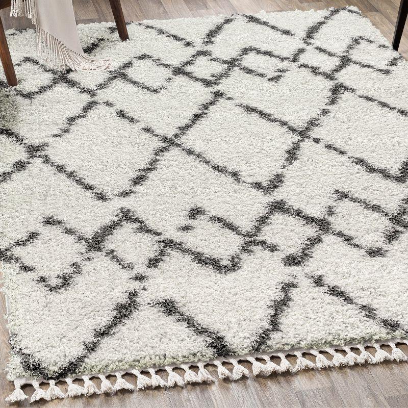 8'x10' Mercer Shag Plush Tassel Moroccan Geometric Trellis Area Rug, Cream/Grey - JONATHAN Y