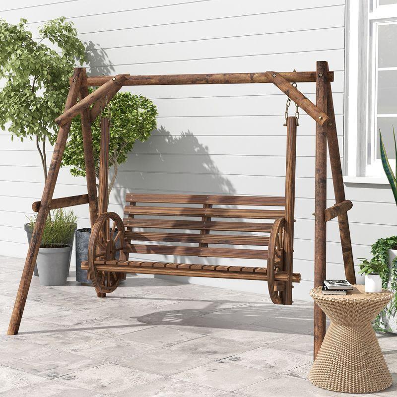 2-Person Porch Swing w/ Stand Carbonized Wooden Patio Swing Chair