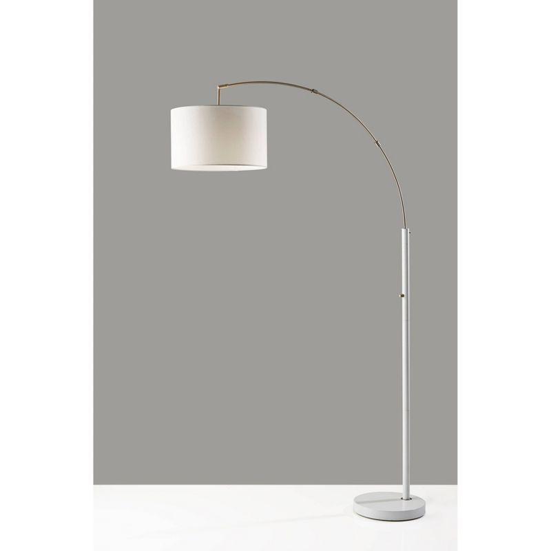 Modern White Arc Floor Lamp with Adjustable Head and Brushed Steel Accents