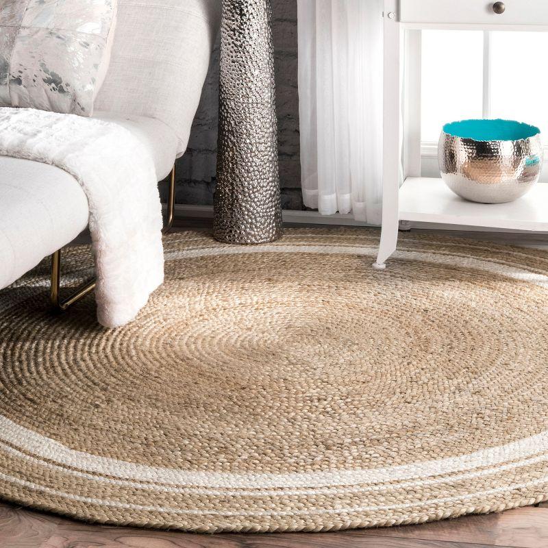 Nuloom Rikki Bordered 8 Round Jute Indoor Area Rug for Dining Room Rug Neutral Rug Living Room Rug Kitchen, Off White/Natural