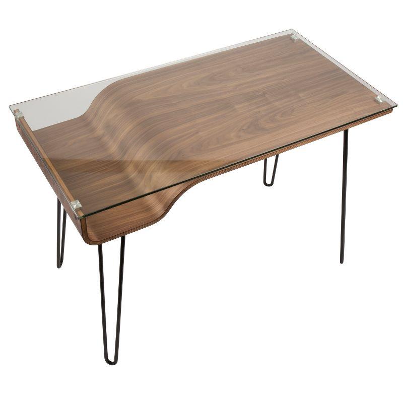 LumiSource Avery Mid Century Modern Desk Walnut : Tempered Glass Top, Wood & Metal Frame, All Purpose Drawer