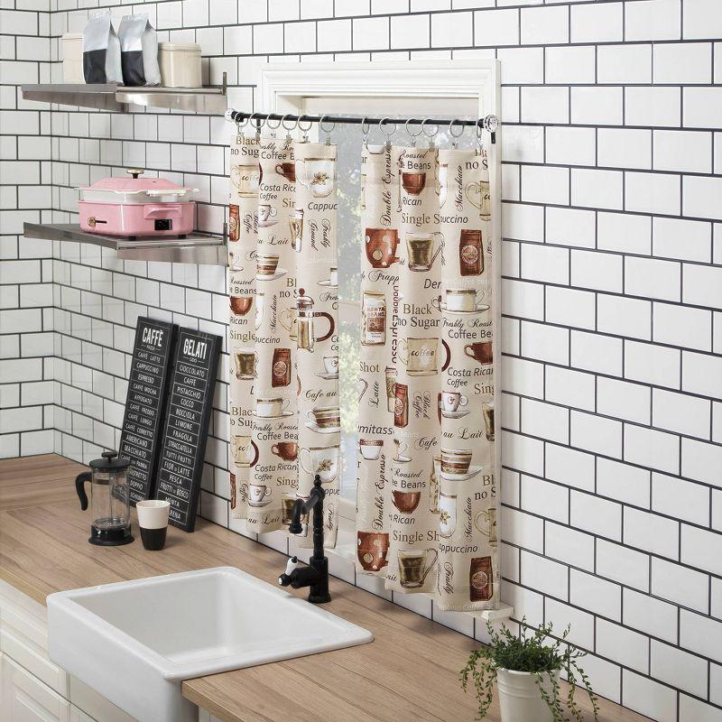 Ivory Coffee Shop Print Semi-Sheer Rod Pocket Kitchen Curtain Set