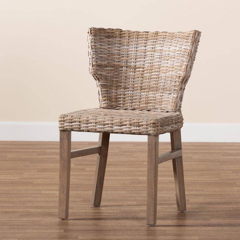 Rattan and Mahogany Wood Side Chair in Gray