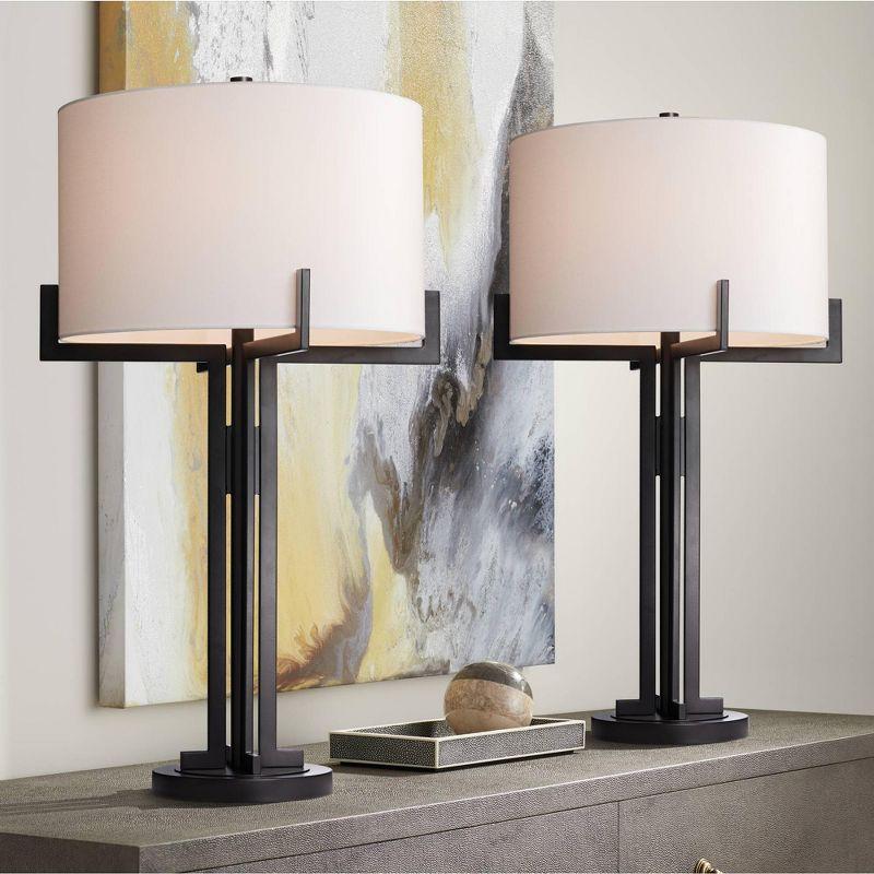 Franklin Iron Works Idira 31 1/2" Tall Large Industrial Modern Farmhouse Rustic End Table Lamps Set of 2 Black Metal Living Room Bedroom White Shade