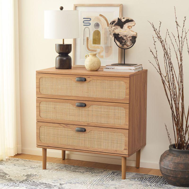 Oak 3-Drawer Chest with Rattan Mesh and Metal Pulls