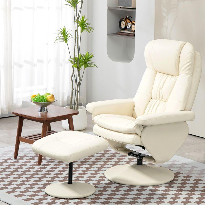 Cream White Faux Leather Swivel Recliner with Ottoman