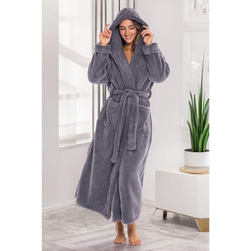 ADR Womens Fluffy Robe, Fuzzy Robe for Women, Long Hooded Robes for Women, Plus Size Robe Steel Gray XS