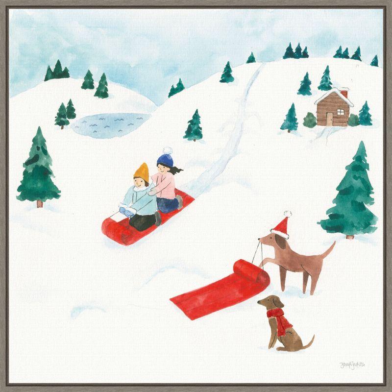 Winter Wonderland Dogs Sledding Scene Framed Canvas Art