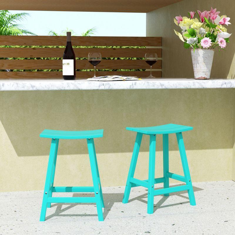 Turquoise HDPE Outdoor Counter Height Saddle Seat Stool Set