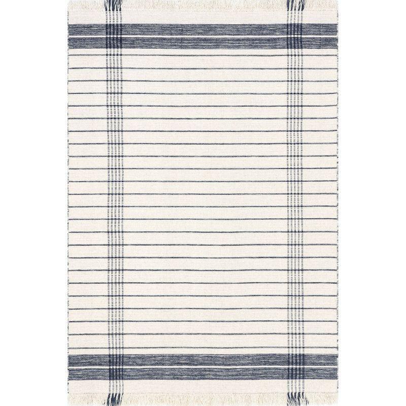 Ivory and Blue Striped Wool Fringe Area Rug 2' x 3'