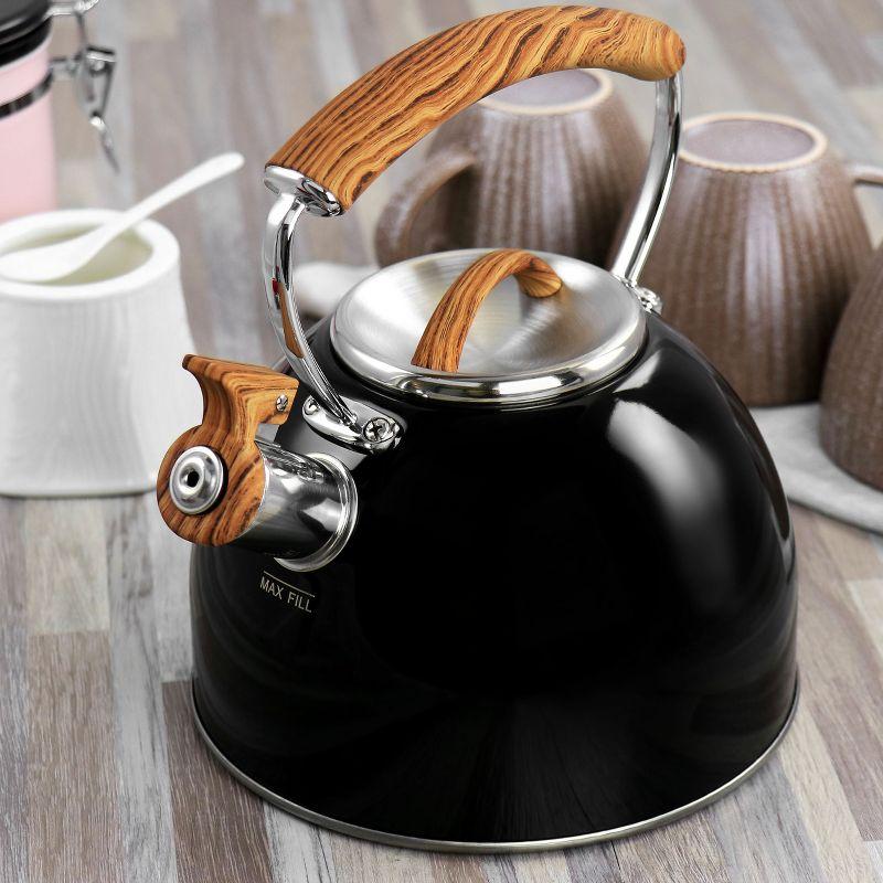 Black Stainless Steel Whistling Tea Kettle with Wood Pattern Handle