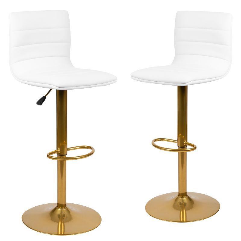 Modern White Vinyl Adjustable Swivel Bar Stools with Gold Base, Set of 2