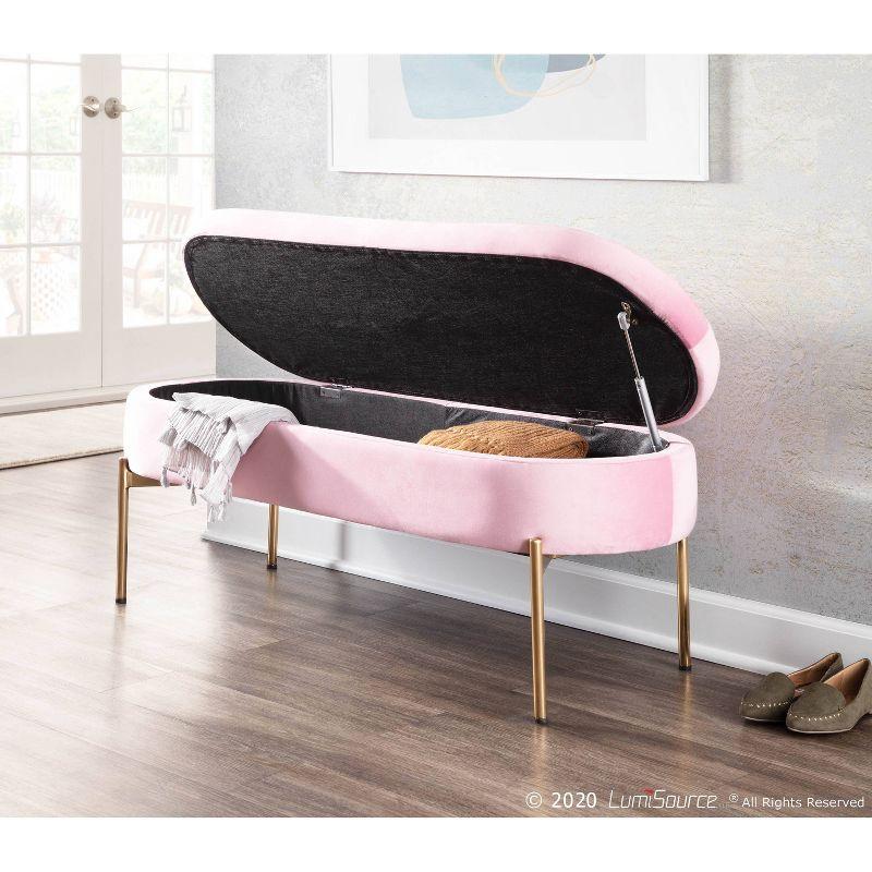 48" Chloe Contemporary Upholstered Storage Bench Gold/Blush Pink - LumiSource: Velvet, Flip-Top Lid, Metal Base