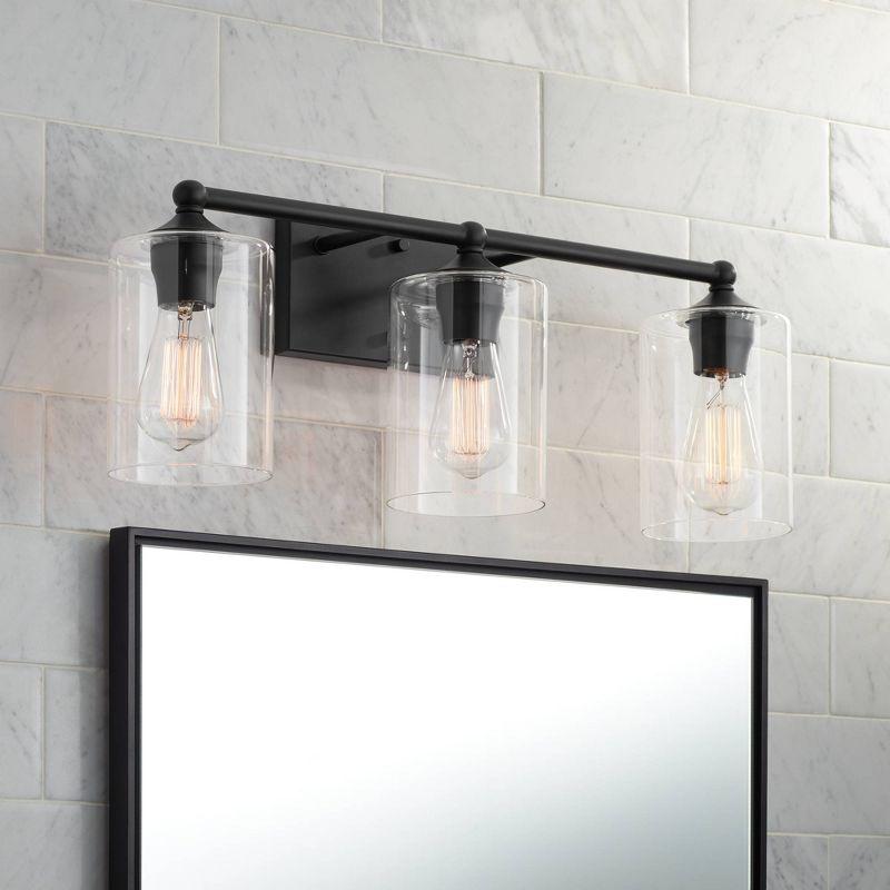 360 Lighting Bellings Modern Wall Light Black Metal Hardwire 24" 3-Light Fixture Clear Glass Cylinder Shade for Bedroom Bathroom Vanity Reading House