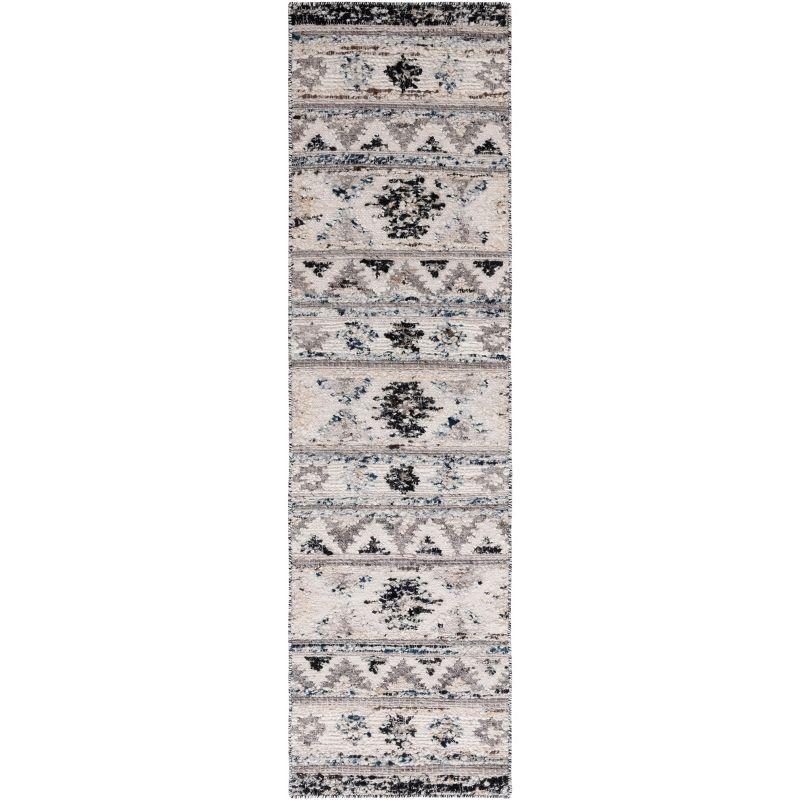 Ivory and Black Hand-Knotted Wool Shag Runner Rug