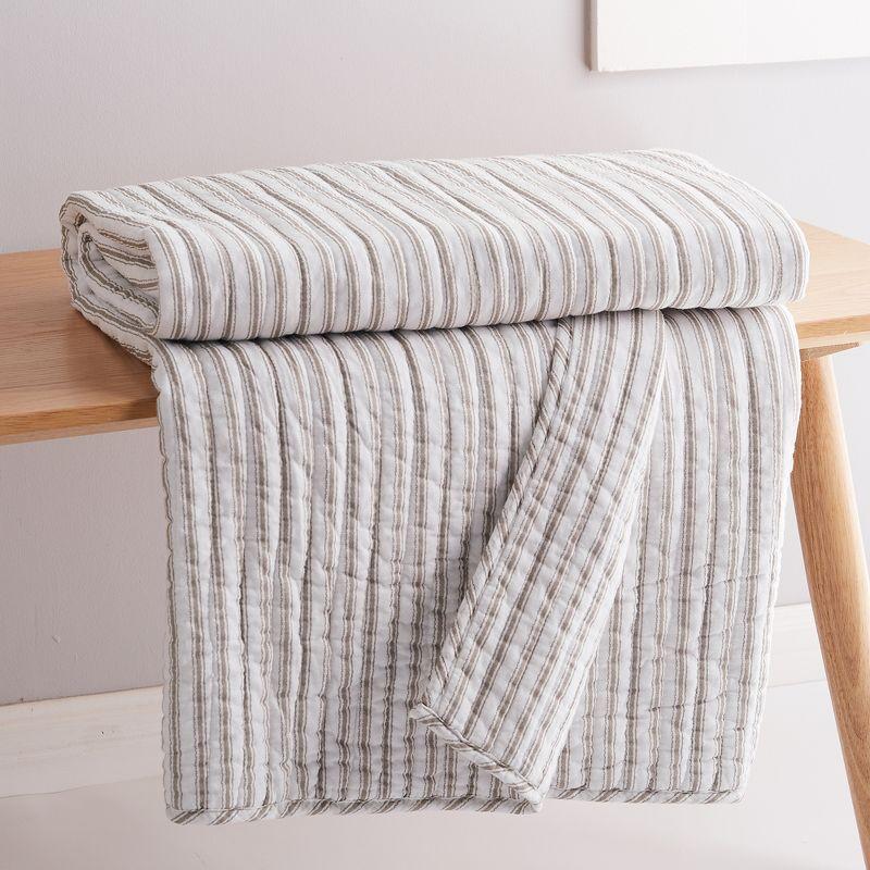 Nautical Stripe Taupe and White Reversible Cotton Quilted Throw 50x60in