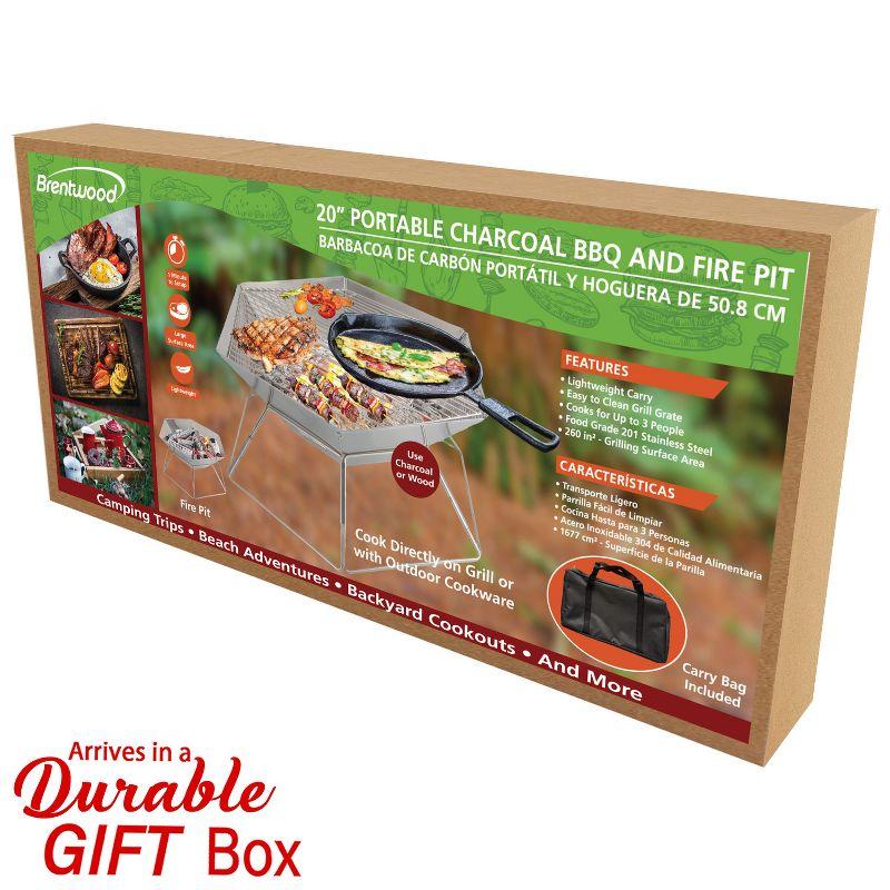 Brentwood 20-In. Stainless Steel Portable Folding Charcoal BBQ Grill and Outdoor Fire Pit with Carry Bag, BB-6X20SS in Silver