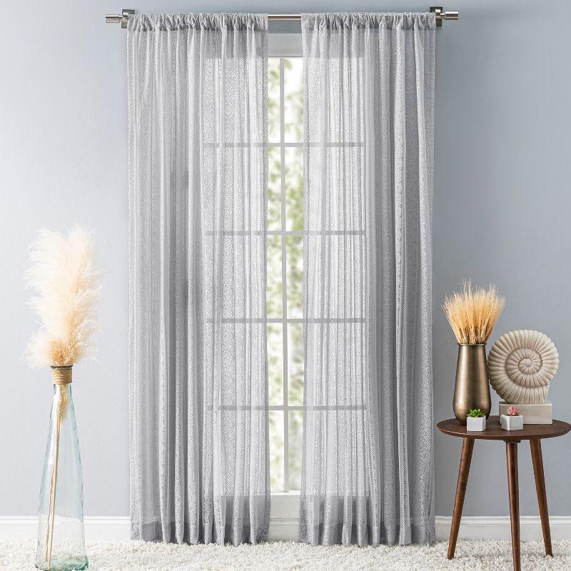 Gray Lace Sheer Rod Pocket Window Curtain Panel