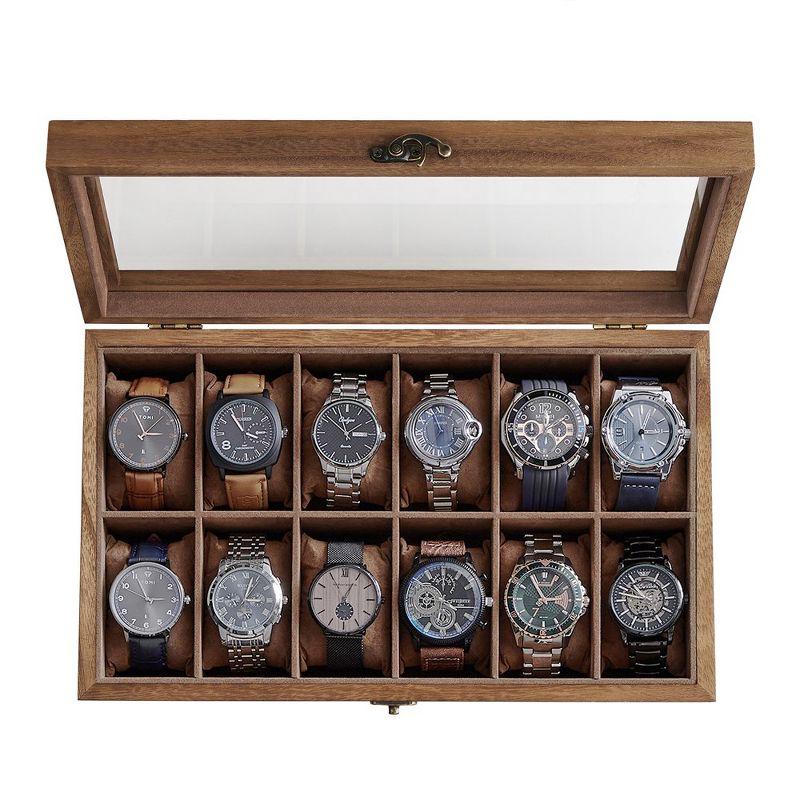 SONGMICS Watch Box 12-Slot Watch Case Organizer Solid Wood Watch Display Case with Removable Pillows Rustic Walnut