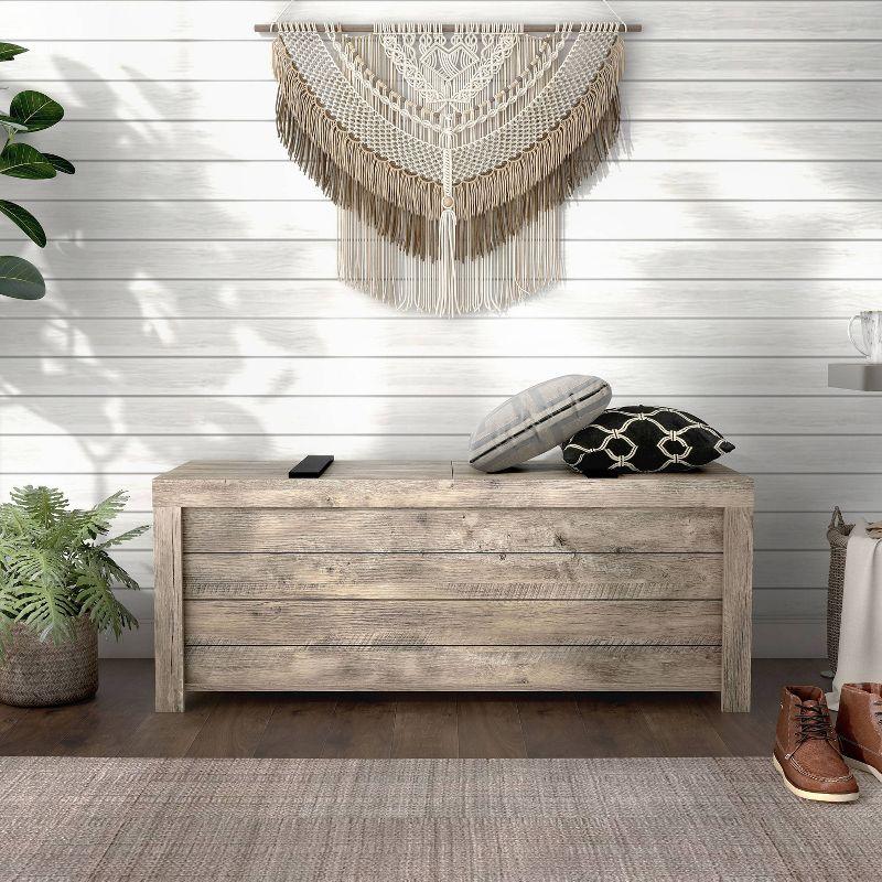 24/7 Shop At Home Mayhearn Farmhouse Storage Bench Weathered Oak: Slide Top, Wood Composite