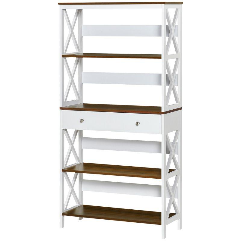 HOMCOM 4-Tier Shelving Bookcase Storage Cupboard with Pull Out Drawer, and Wooden Frame with X Bar Stability, White