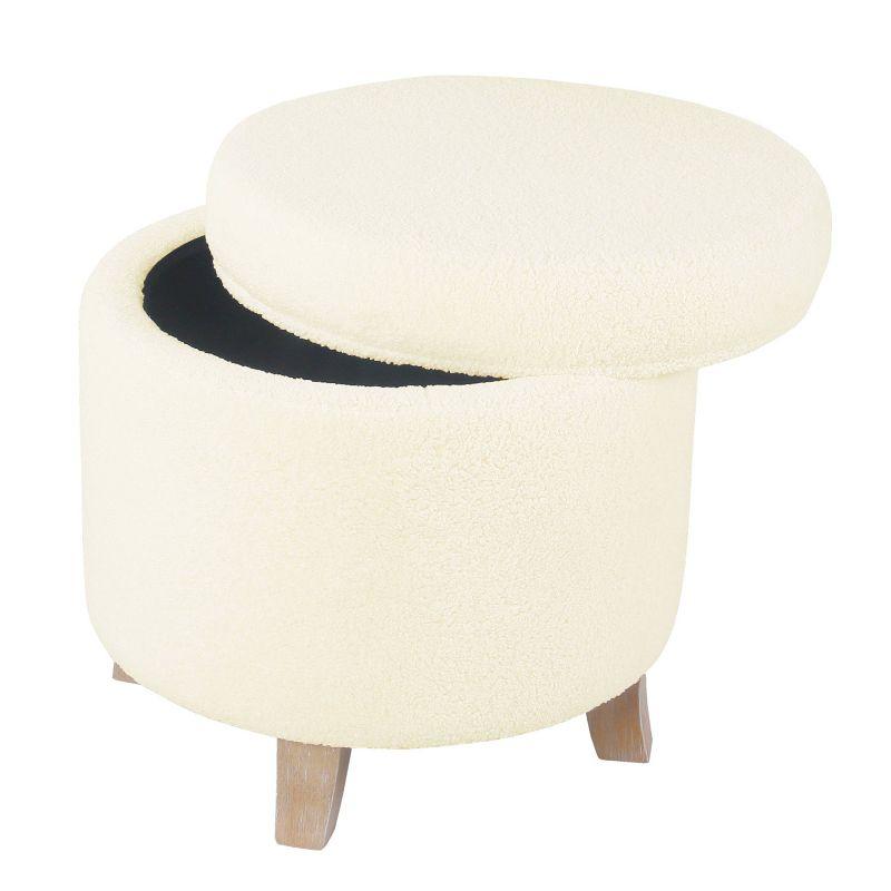 Cream Faux Sheepskin Round Storage Ottoman with Flared Wood Legs