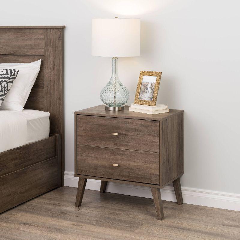Prepac Mid Century Modern 2 Drawer Wide Nightstand Drifted Gray : Rubberwood Construction, Rectangle Shape, 25" Height