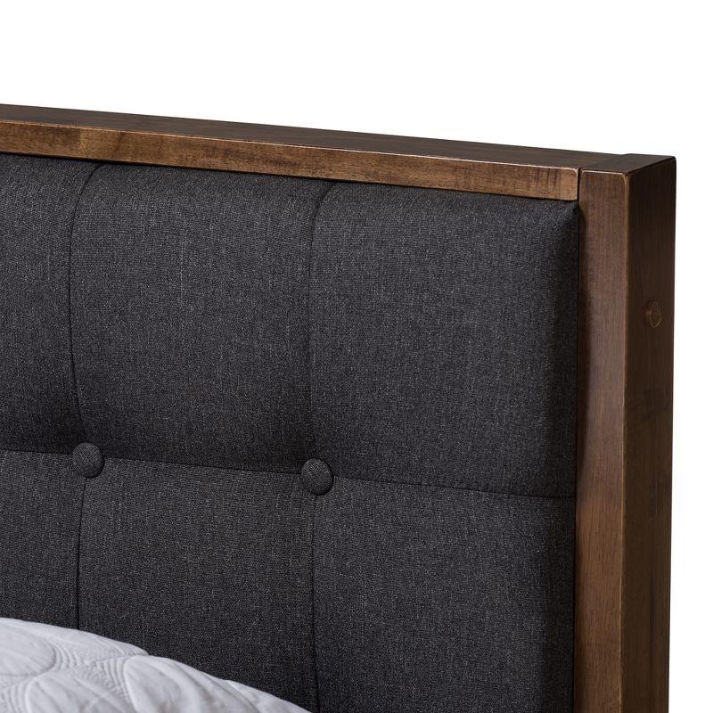 Mid-Century Walnut Queen Platform Bed with Gray Tufted Upholstery