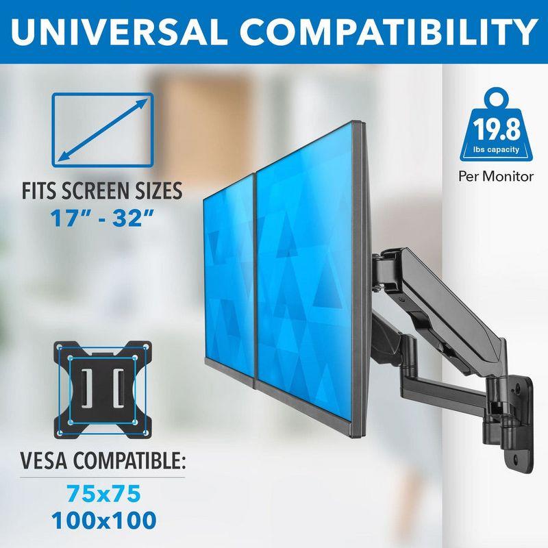 Mount-It! Height Adjustable Dual Monitor Wall Mount | Supports Monitors w/ 75x75mm and 100x100mm VESA Patterns & Screens 17" to 32" | Cable Management