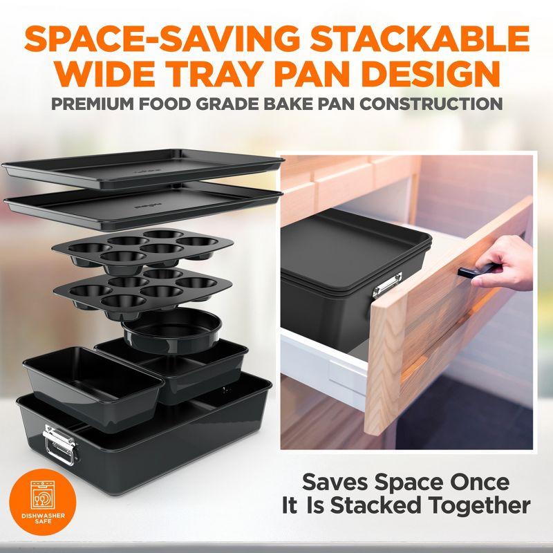 NutriChef 8-Piece Nonstick Stackable Bakeware Set - Pfoa, Pfos, Ptfe Free Baking Tray Set W/ Non-Stick Coating, 450°F Oven Safe, Round Cake, Loaf, Muffin, Wide/Square Pans, Cookie Sheet