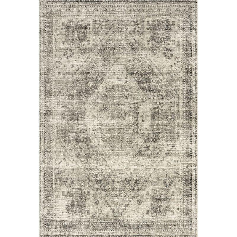 Gray Medallion Washable Synthetic Area Rug with Non-Slip Backing