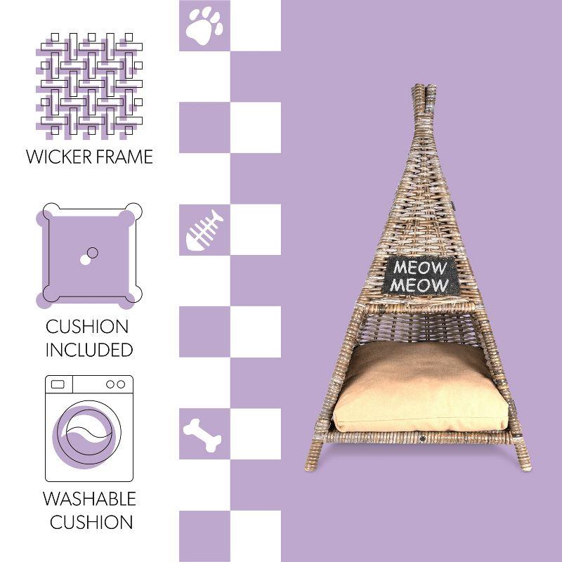 Tiki Tent 20" x 20" Coastal Handwoven Rattan Cat Bed with Machine-Washable Cushion, Kubu Gray