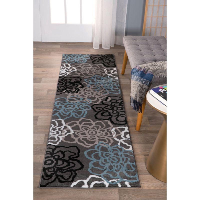 Contemporary Modern Floral Flowers Easy-Care Runner Rug 2' x 7' Gray