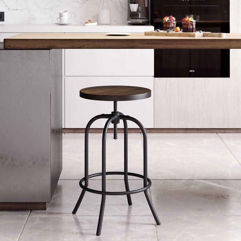 Adjustable Dark Walnut and Iron Swivel Bar Stool