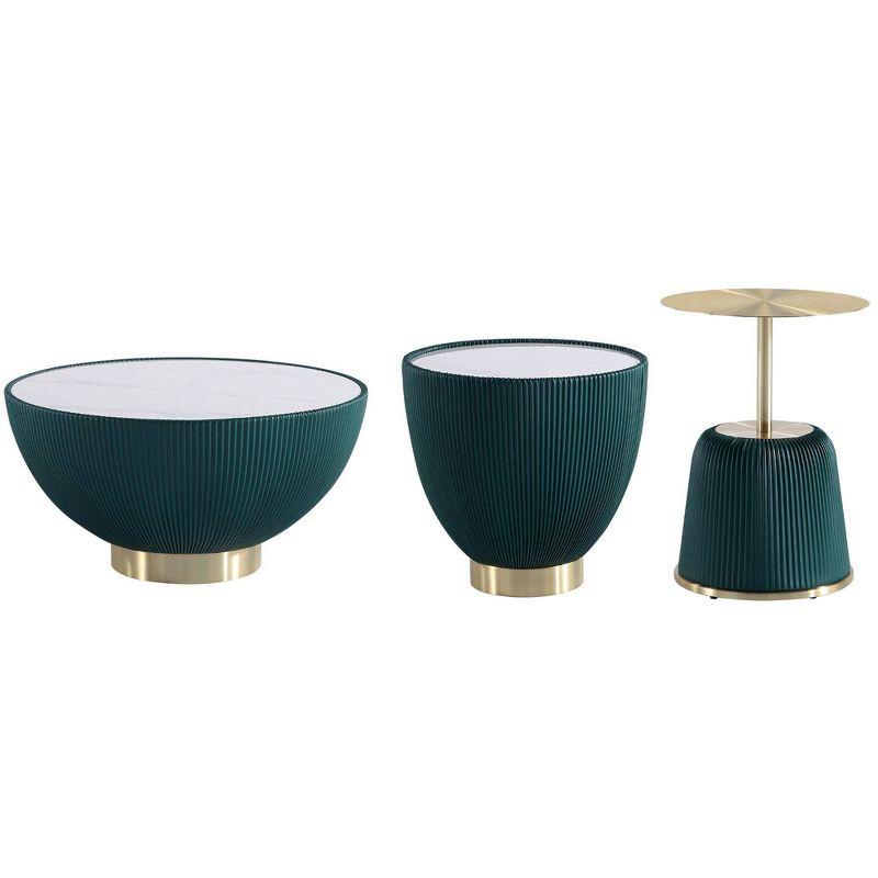 Manhattan Comfort 3pc Anderson Leatherette Upholstered Coffee Table and End Table Set Green: Gold Finish, Round, No Assembly Required