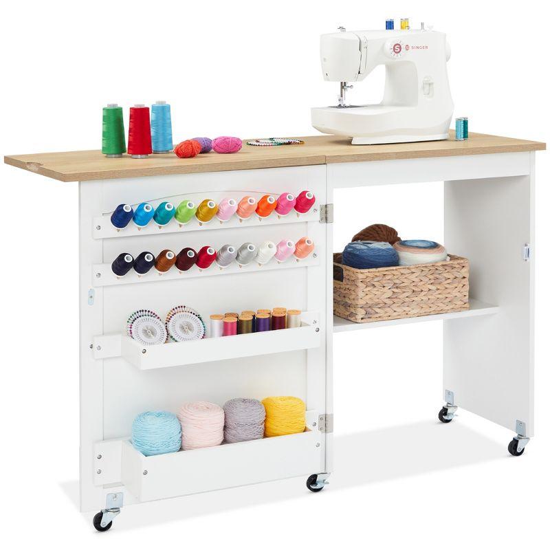 Natural White Folding Sewing Table with Storage Trays and Wheels