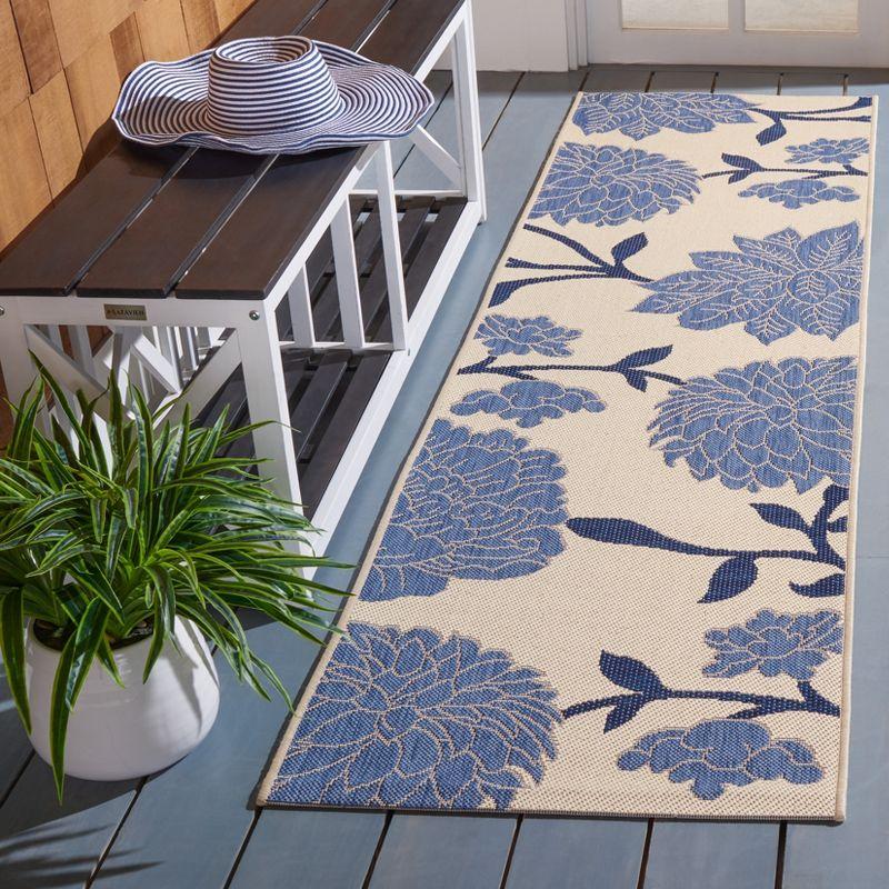 Beige and Blue Floral Synthetic Indoor/Outdoor Runner Rug