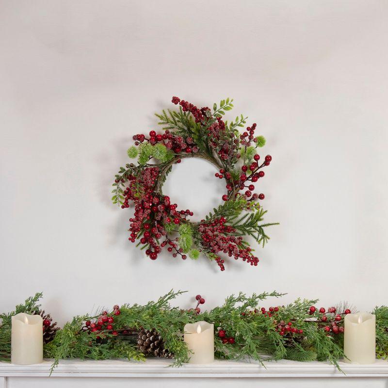 Artificial Frosted Red Berry and Pine Christmas Wreath 16-Inch Unlit