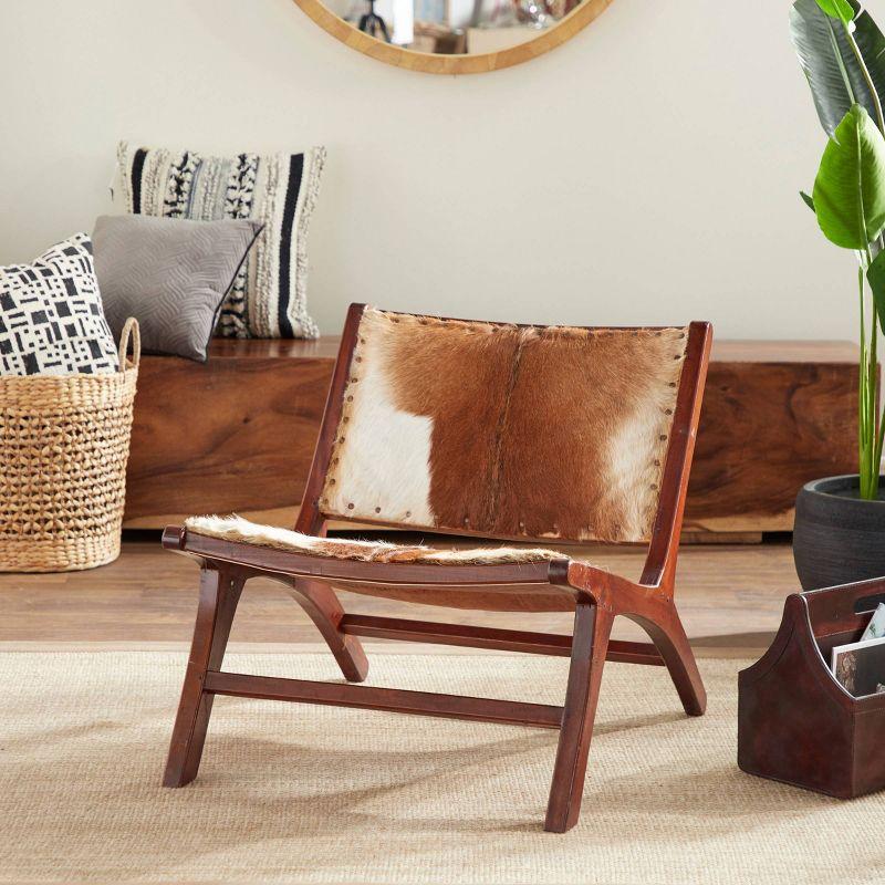 Set of 2 Rustic Goat Leather and Teak Accent Chairs Brown - Olivia & May: No Assembly, Indoor Use