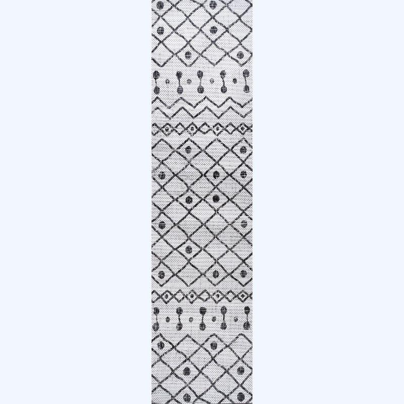 2'x10' Nokat Modern Bohemian Styled Indoor/Outdoor Runner Rug, Ivory/Black - JONATHAN Y