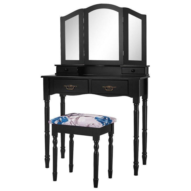 Costway Black Tri Folding Mirror Vanity Makeup Table Stool 4 Drawers