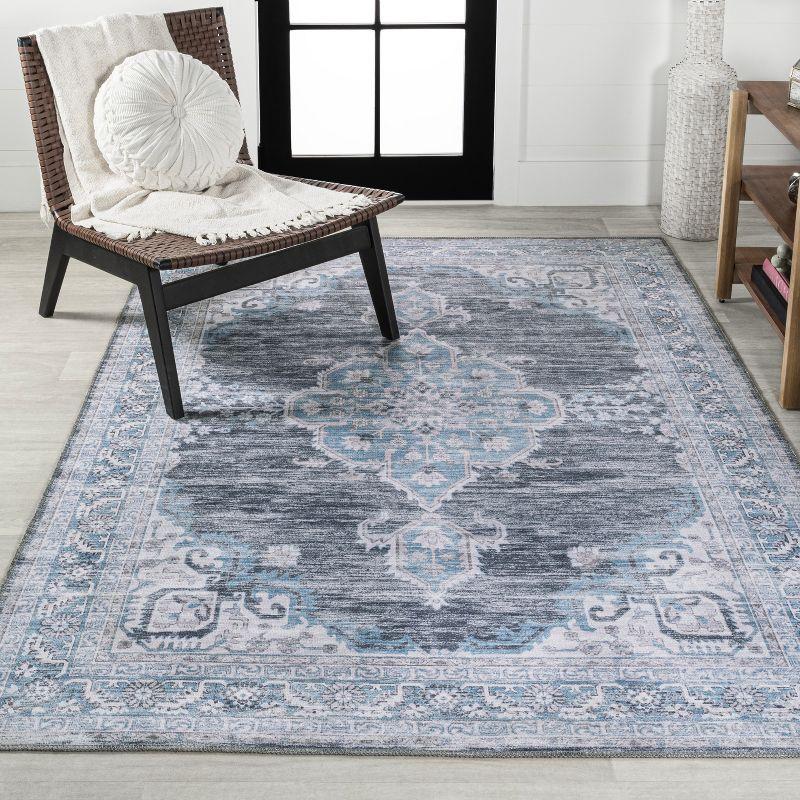 Wincer Chenille Cottage Medallion Machine-Washable Gray/Blue/White 3 ft. x 5 ft. Area Rug - JONATHAN Y