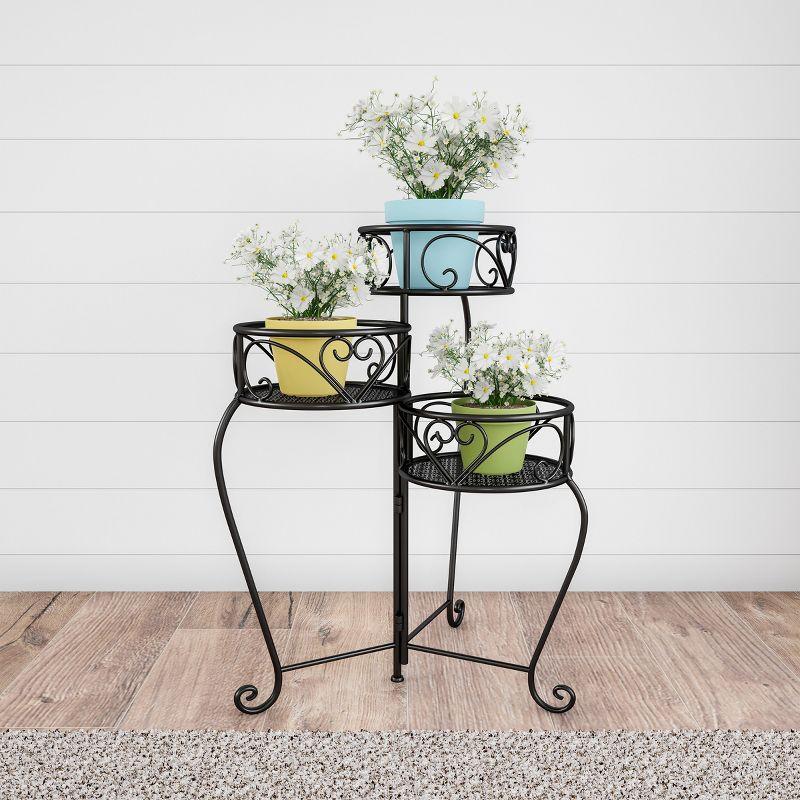 Black Metal 3-Tier Folding Plant Stand with Laser-Cut Shelves