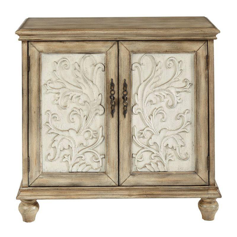 Grayson 2 Door Cabinet Reclaimed Natural: Floral Design, Adjustable Shelf, Cream & Brown Decorative Storage